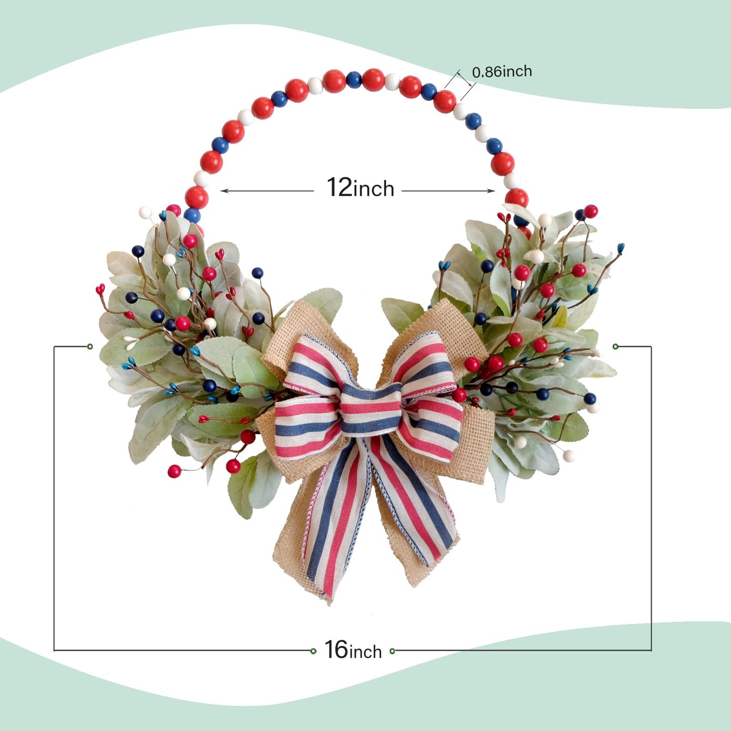 TEMPUS 4th of July Independence Day Wreath Red, White and Blue Wooden Bead Berries Wreath Lambs Leaves Ring Wreath 16 inch Patriotic Decorations for Front Door，Memorial Day Flag Day Veterans Day