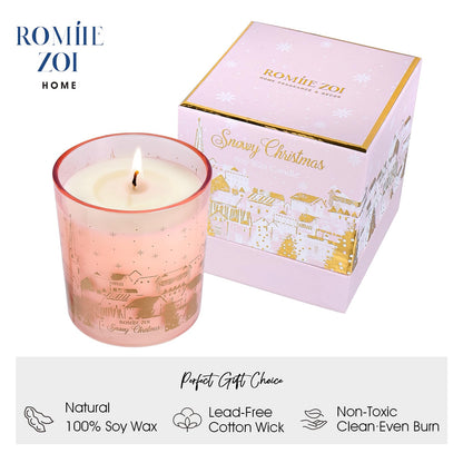 ROMIIE ZOI Christmas Scented Candle - 6oz Soy Wax Candle, Snowy Design, Infused with Floral Aroma - Pink & Gold Gift Box Packaged for Holiday Season Gift