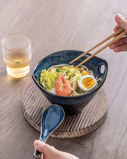 UNICASA Japanese Ramen Bowl Set with Chopsticks, Spoons and Rests, 26oz Deep Porcelain Noodle Bowl Set of 2 for Udon, Pho, Salad, Soup (Reactive Blue)