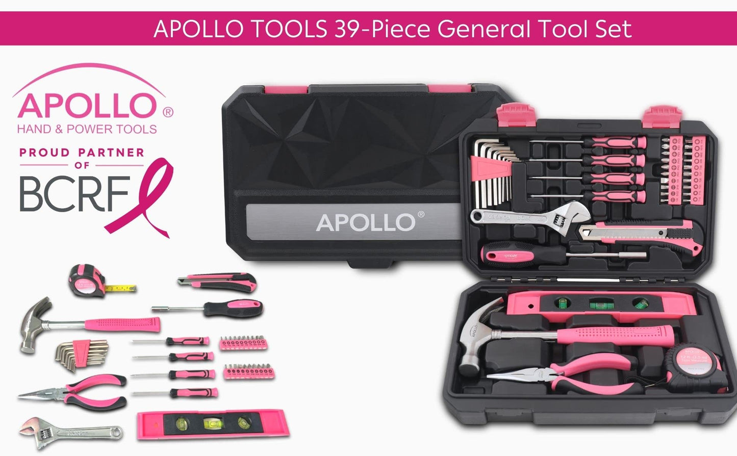 Apollo Tools 39 Piece General Household Tool Set in Toolbox Storage Case with Essential Hand Tools for Everyday Home Repairs, DIY and Crafts - Pink Ribbon - Pink - DT9711P