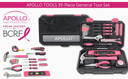 Apollo Tools 39 Piece General Household Tool Set in Toolbox Storage Case with Essential Hand Tools for Everyday Home Repairs, DIY and Crafts - Pink Ribbon - Pink - DT9711P