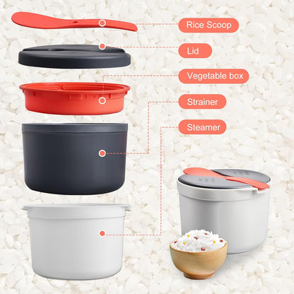 2L Microwave Rice Cooker, 2 Layer Vegetable Steamer with Strainer, Non-Stick Pasta Cooker, Dishwasher Safe