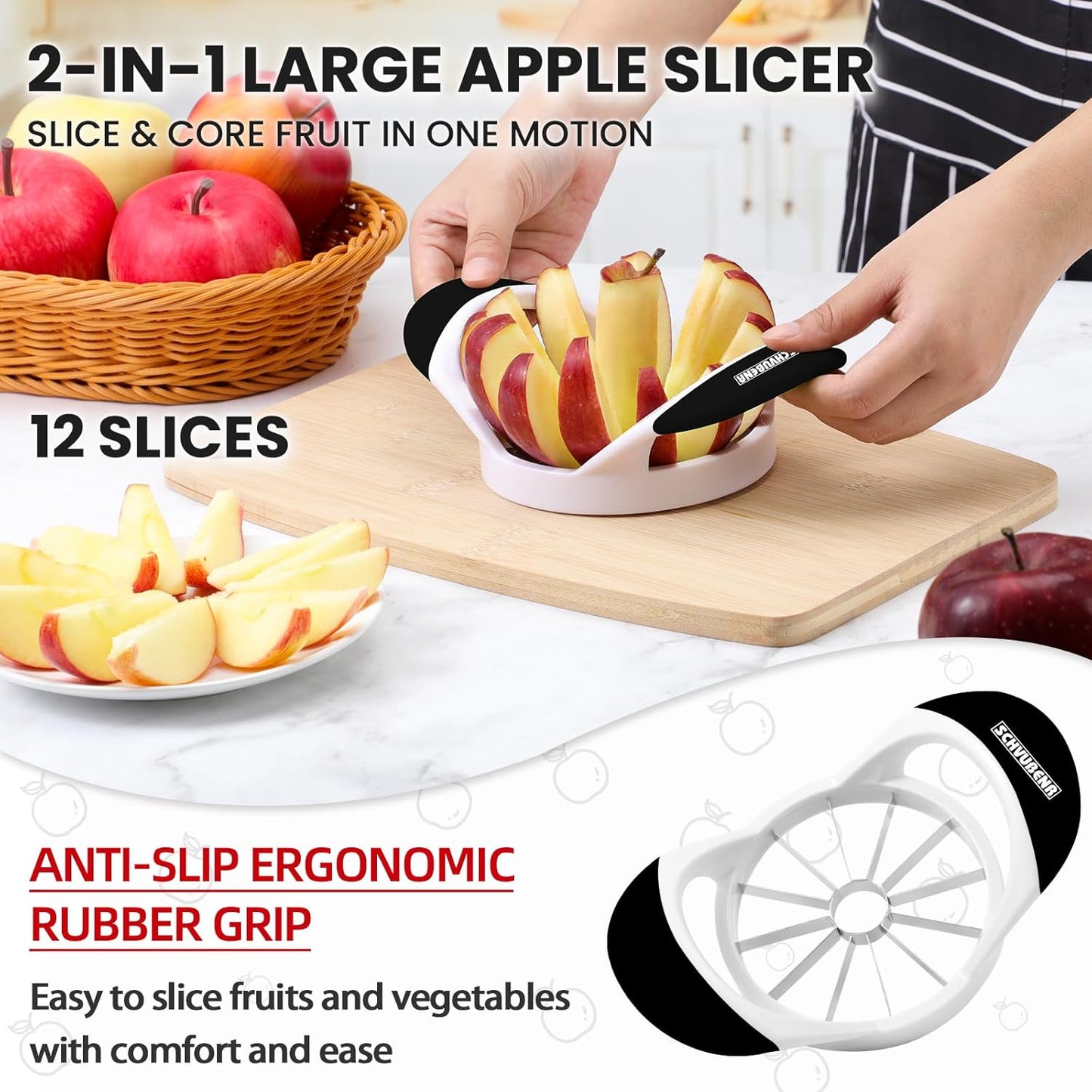 12-Blade 4.72 Inch SCHVUBENR Apple Slicer and Corer - Sharp Stainless Steel Apple Cutter - Professional Apple Divider