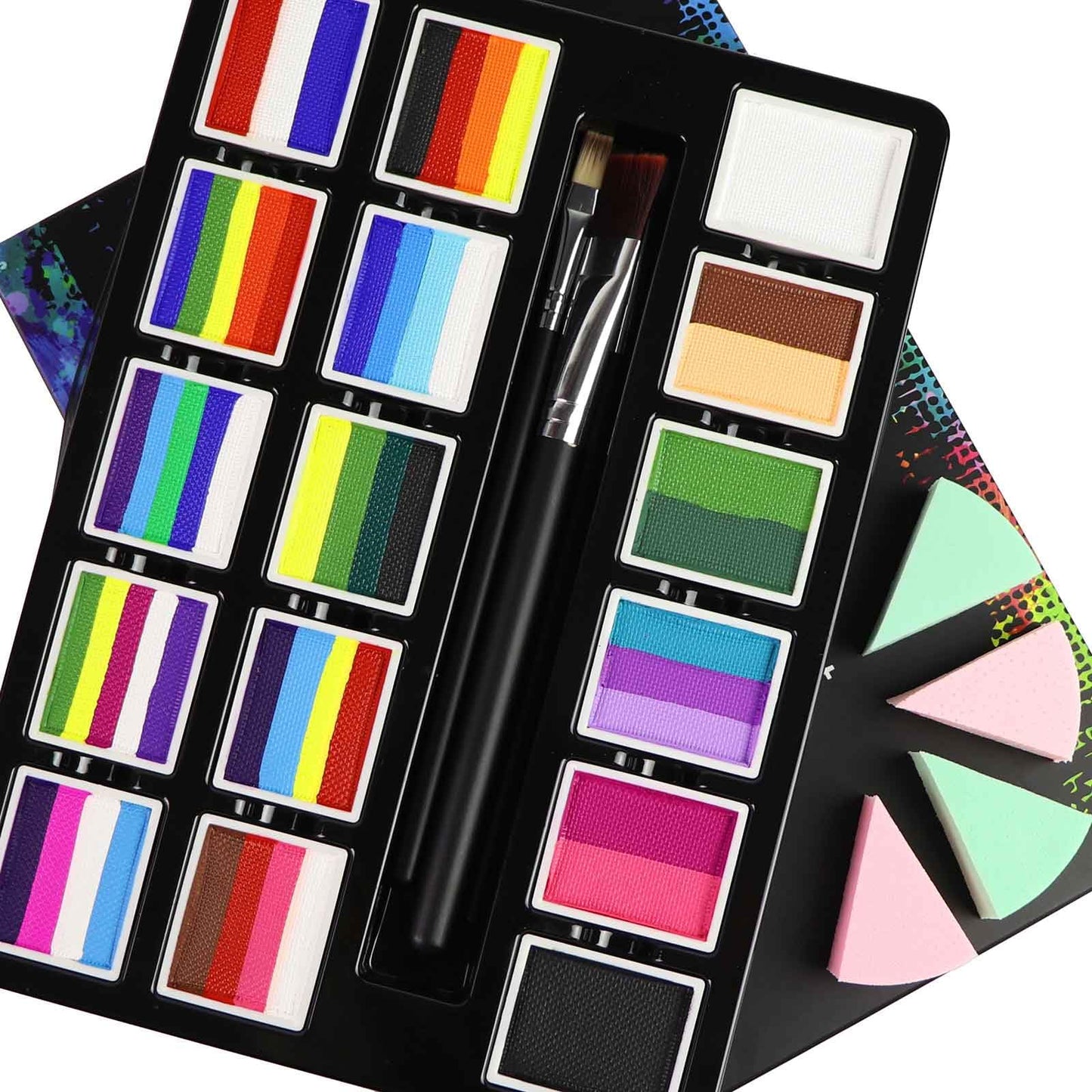 BVENDANO 16x10 gm Face Paint Professional Face Painting Kit for Adults with Stencils, Water Based Facepaint One Stroke Split Cake Palette Rainbow Body Paint Party Halloween Makeup Set