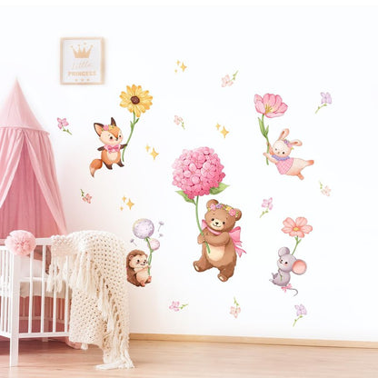 Pink Cartoon Animal Wall Decals, Bear Squirrel Rabbit Holding Flowers Flying Wall Stickers Peel and Stick Wall Decal Self Adhesive Wall Art Sticker for Girls Baby Nursery Kids Room Home Decor
