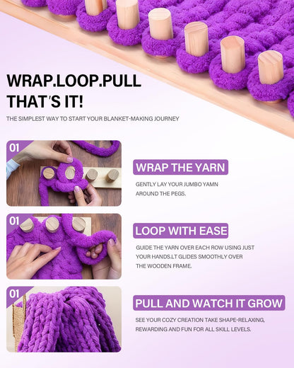 Teyeto Adjustable Chunky Blanket Looms Kit - DIY Wooden Knitting Board for Hand Woven Throws. All-in-One Weaving Starter Set with Plush Yarn, Snag-Free Pegs & Instructions for Beginners