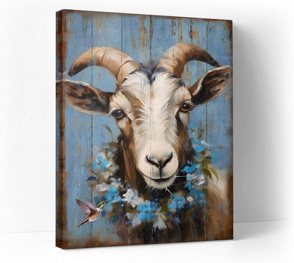 Ooeiiiy Farmhouse Goat Canvas Wall Art, Cute Goat With Flower Wall Decor Poster Prints Framed Artwork 12''X16''
