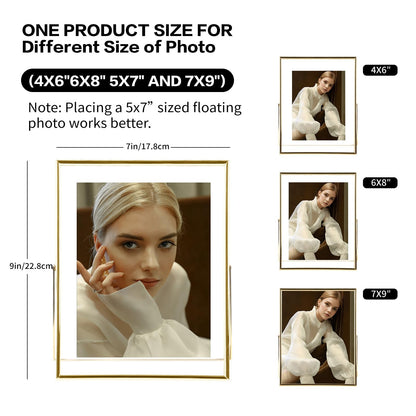 IZIDDO 5x7 Gold Floating Frame, 7"x9" Metal Frame For Picture 5x7,4x6,3.5x5 Wall Mount or Tabletop Shelf Photo Frames, Double Sided Display Picture Frame Acrylic Sign Holder for Wedding,Office Decor