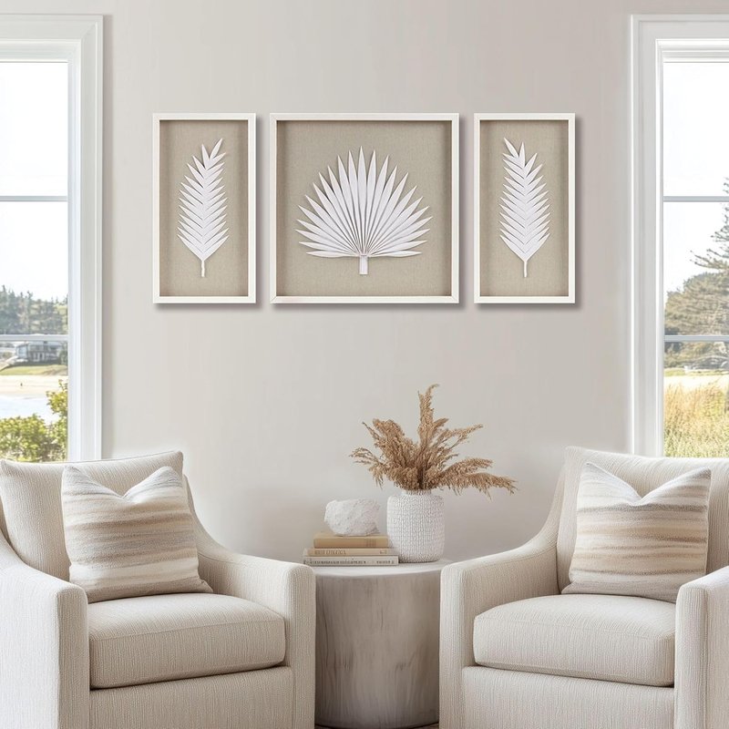 Madison Park Sabal Floral Wall Art - Handmade Canvas Palm Natural Rice Paper Shadow -Box Set, Glass, Wood Frame, Linen Base, Botanical Modern Room Decor for Hallway, Bedroom Accent, Off White 3 Piece