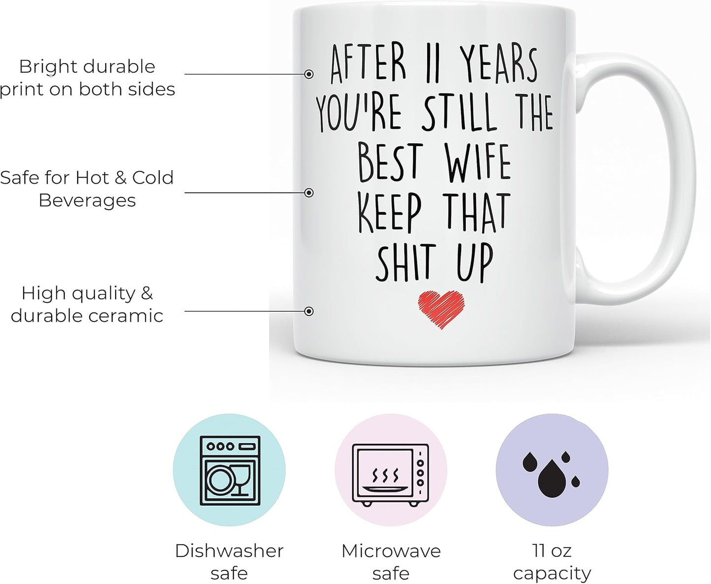 YouNique Designs 11 Year Anniversary Coffee Mug for Her, 11 Ounces, 11th Wedding Anniversary Cup for Wife