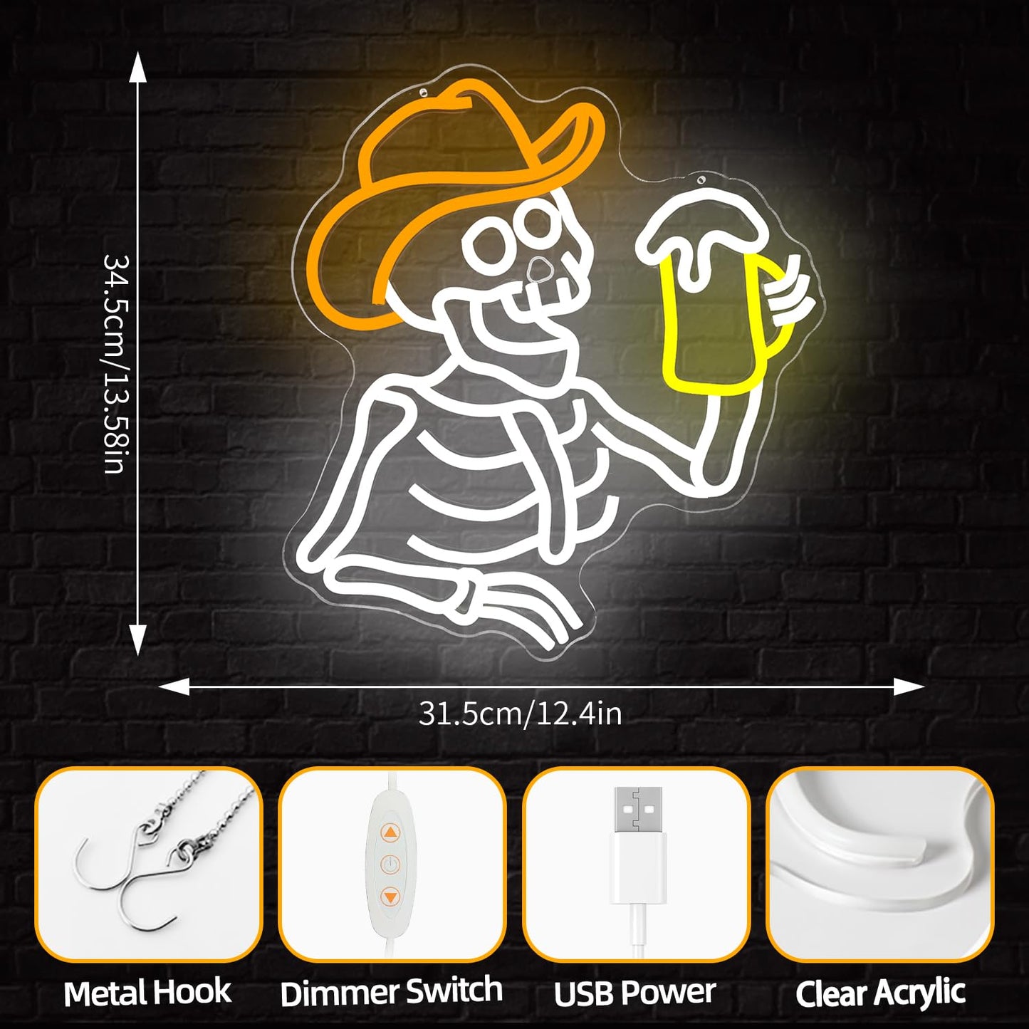 hhuohuona Cowboy Skeleton Beer Neon Sign Dimmable Western Bar Led Signs for Wall Skull Neon Sign Western Bedroom Decor Neon Lights for Man Cave Cowboy Gifts for Men