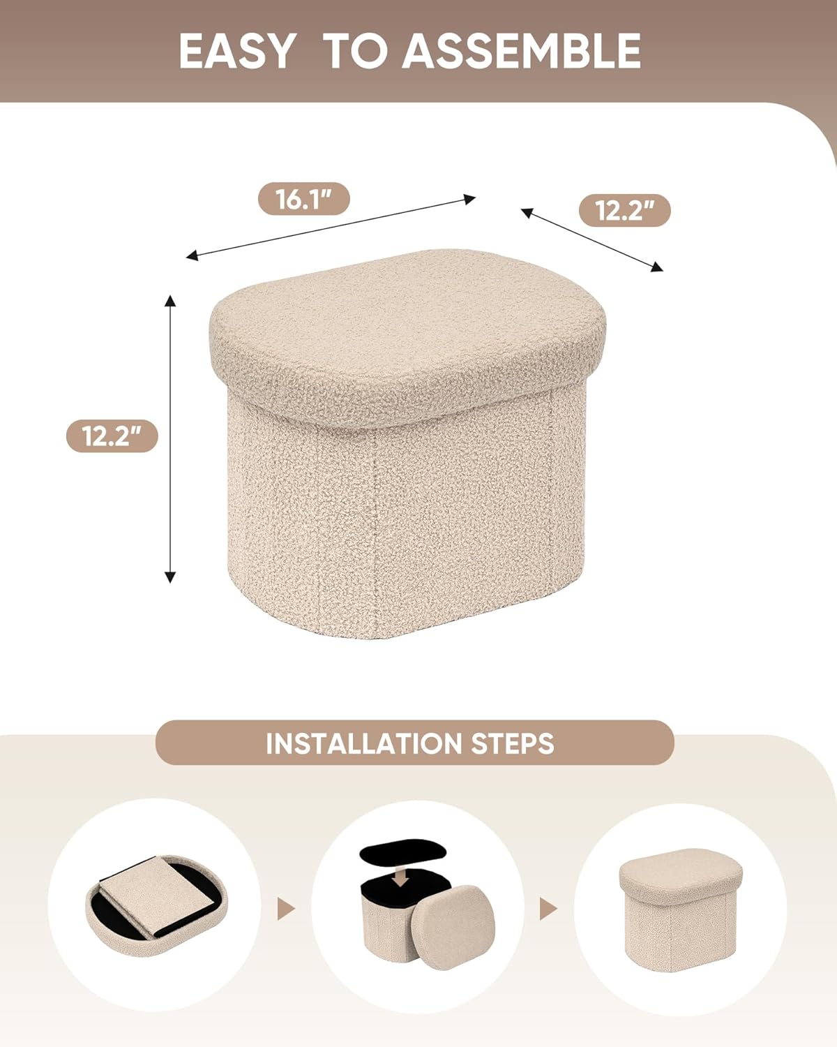 16.14 Inches B FSOBEIIALEO Storage Ottoman for Dorm Room, Boucle Folding Storage Ottoman Foot Rest, Small Collapsible