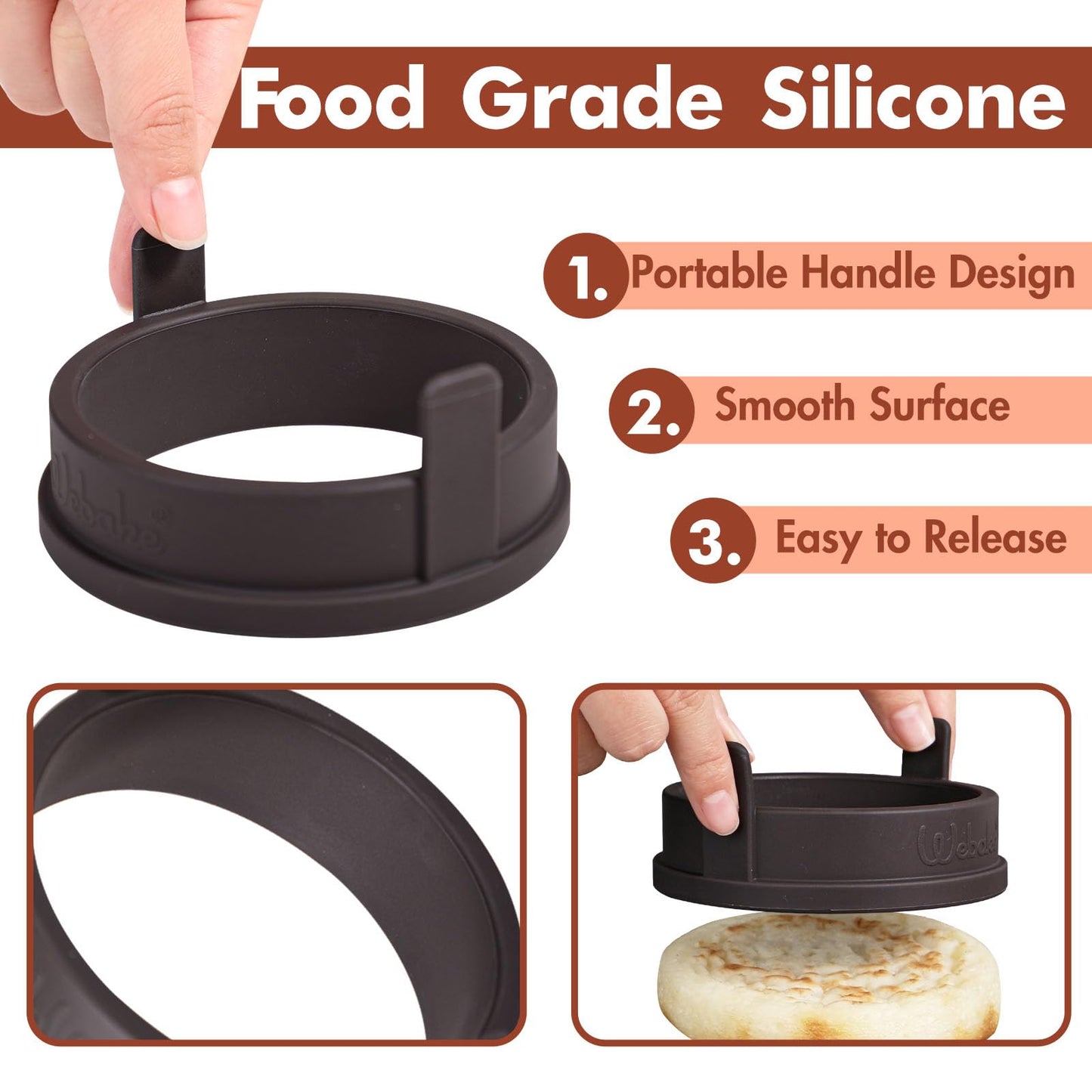 Webake Silicone Crumpet Rings Nonstick 3.5 inch Standard Size English Muffin Ring, Egg Rings, BPA-Free, Set of 4