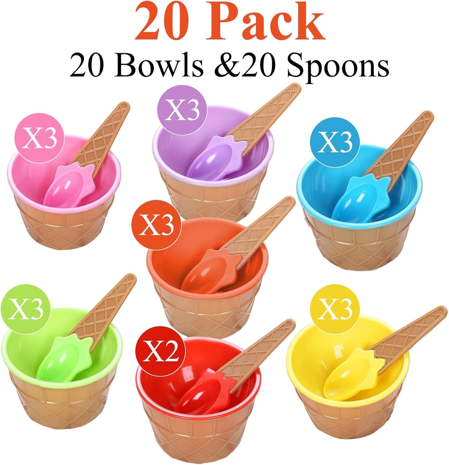 20 Pack Summer RICHSC-PAN Ice Cream Bowls, Cartoon Candy Color Ice Sundae Cups with Spoon. Multi-Color Reusable