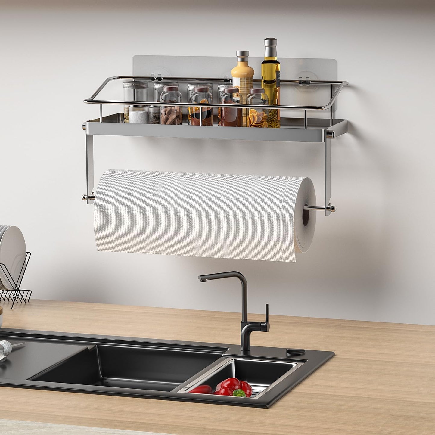 Adhesive Paper Towel Holder Shelf, Wall Mounted Roll Rack for Kitchen Shower Bathroom, Rustproof Stainless Steel