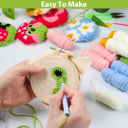 Longan Craft Punch Needle Coasters Kit 6 Pattern Embroidery Punch Needle Kits Adults Beginner Coasters Tufted Car DIY Rug Drink with Adhesive Felt Yarns Hoop Tools Starter Crafts