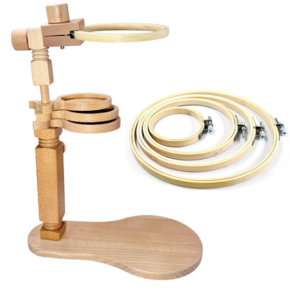Biaungdo Adjustable Rotated Embroidery Hoop Stand with 5 Pack 5 Sizes Hoop, Wooden Embroidery Hoop Holder Frame & 3 Bowls for Cross Stitch, DIY Craft Sewing Projects