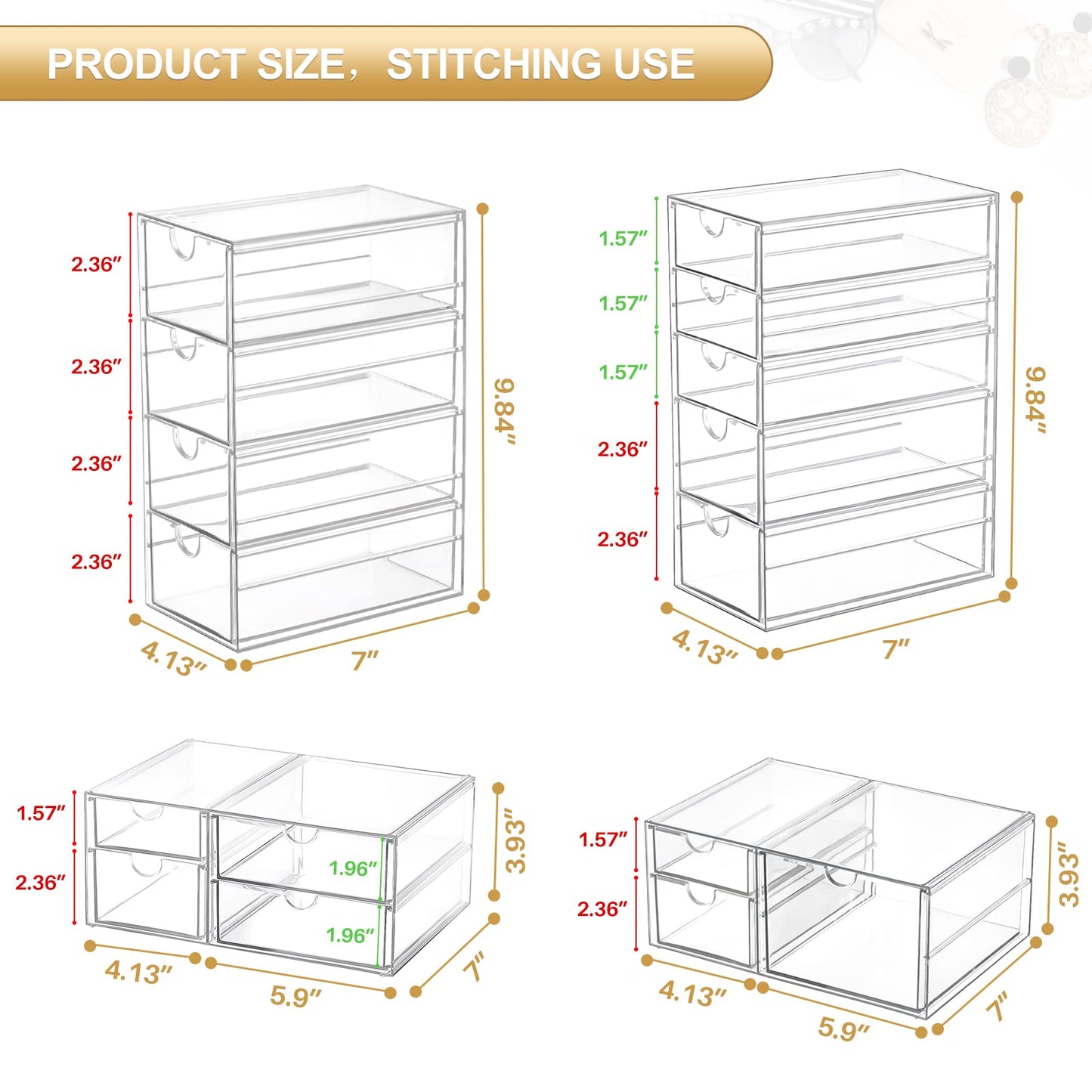 caktraie Makeup Organizer Storage With 16 Drawers, 4 Pcs Desktop Office Supplies, Desk Organizers, Clear Accessories, Dustproof Storage Drawer and for Make Up, Jewelry, Pen, Stationary