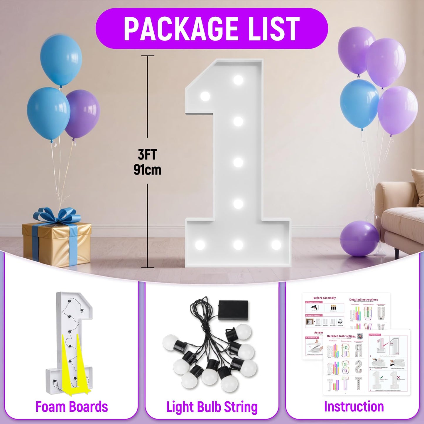 3FT Marquee Numbers 1 with Lights, Large Light Up Numbers Sign for 1st Birthday Party Decorations and Anniversary Backdrop Big Mosaic Number 1