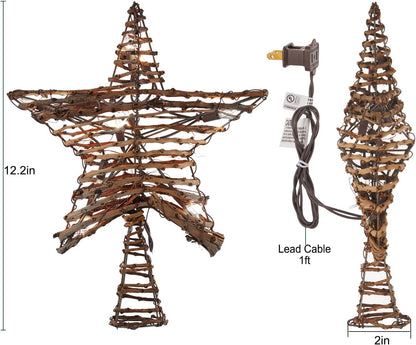 Rattan 3D Star Tree Topper, 12" Rustic Rattan Star with Built-in 10-Bulb String Lights for Christmas Decoration