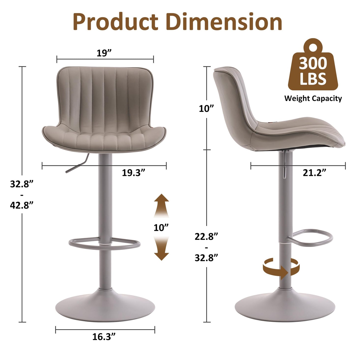 YOUNIKE Grey Bar Stools Set of 2 with Padded Back Adjustable Height Comfy Upholstered Faux Leather Bar Chairs Modern Swivel Kitchen Counter Barstools for Home Breakfast Island
