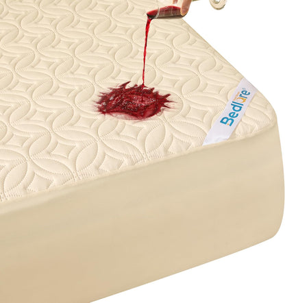 BEDLORE Waterproof Mattress Protector - Noiseless Queen Size Pad with Deep Pocket 6"-18" Depth | Soft, Breathable, Washable Cover (Beige)