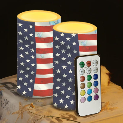 Luarisgur Flameless Candles LED American Flag Decorative Candles Butterfly Print Battery Operated Ornage Flickering Candles with 18-Key Remote Timer Pillar for Home Living Room Party Table Decorations