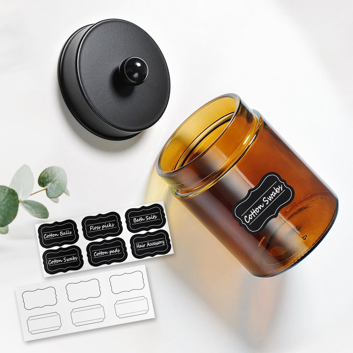 Amolliar Amber Glass Qtip Holder, Apothecary Jars with Matte Black Metal Lid & Stickers-Bathroom Qtip Dispenser Storage Organizer Set,Vanity Counter Canister for Cotton Swabs,Round Pads,Floss (6 Pack)