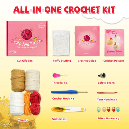 SGIBYN Crochet Kit for Beginners with Step-by-Step Video Tutorials, Starter Crochet Chickens Amigurumi Kit for Teens & Women - Easy DIY Handcraft Knitting Animal Kit - Learn to Crocheting (3 Chickens)