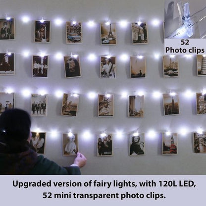 HXWEIYE 120LED White Photo Clip String Lights - 40Ft Fairy Lights with 52 Clear Clips & 12 Hooks | USB Powered, Timer & 8 Modes for Bedroom & Wedding Decor