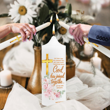 Extrogif Unity Floral Candles with Holder for Wedding Ceremony – Wedding Candle Set with Glass Holders – Elegant Pillar Candles with a Gold Cross and the Matthew 19:6 Verse
