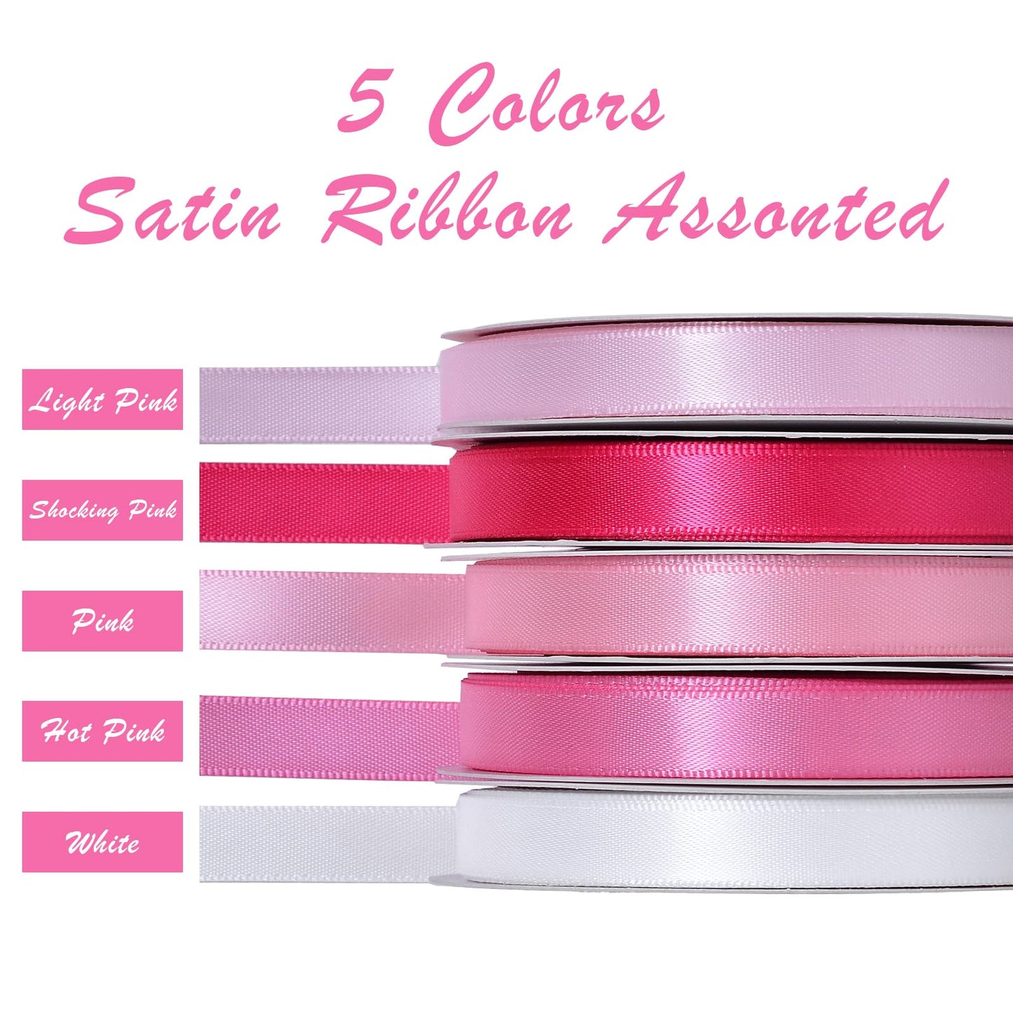 Ribest Pink Double Faced Satin Ribbon Set, 3/8 Inch White, Light Pink, Pink, Hot Pink, Fuchsia Ribbons for Valentine's Day Gift Wrapping Crafts Wedding Baby Shower, 5 Rolls × 10 Yards Total 50 Yards