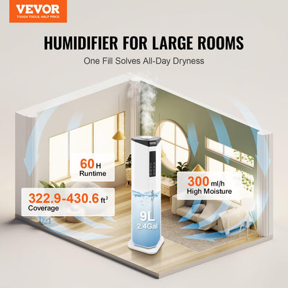 VEVOR Humidifier for Home Large Room, Commercial Humidifier for Whole House 1291.7 sq ft, 16L Water Tank & Night Light & 12h Timer & Auto Shut-Off, Greenhouse, Commercial Branch Tube w/ 360° Nozzle