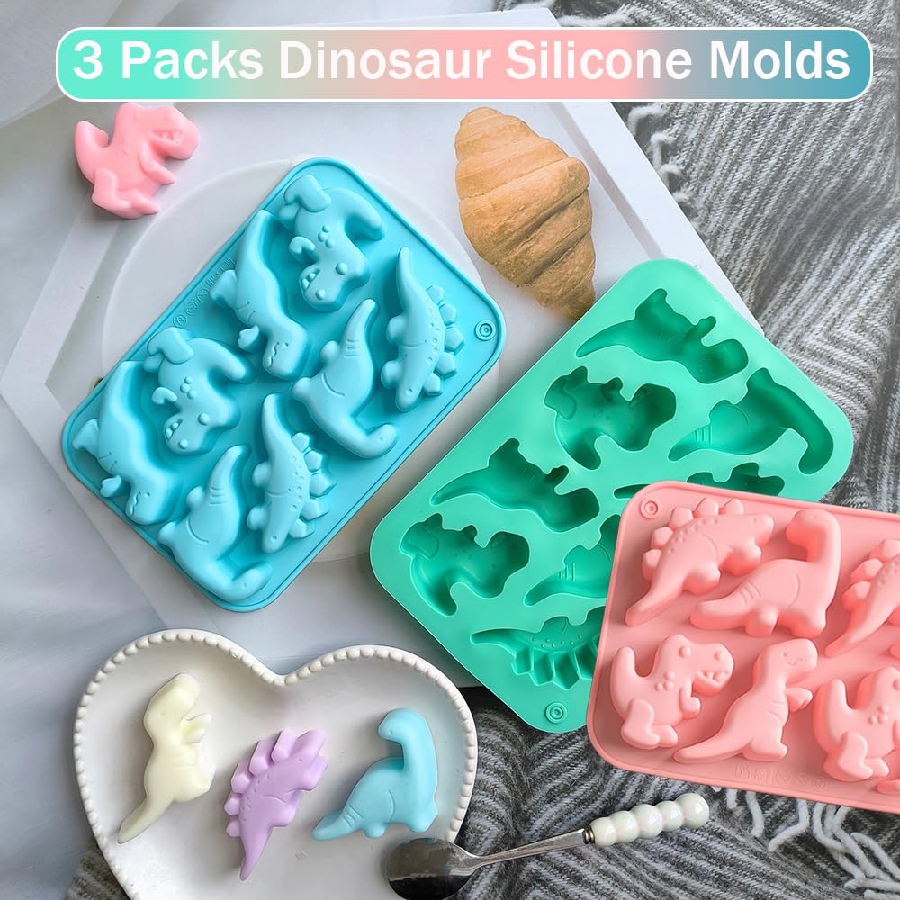 3 Packs Dinosaur Silicone Molds 8 Cavity 3D Dinosaur Baking Mould Cute Animal Themed Chocolate Mold for Cake Topper Candy Dessert Cookies Handmade Soap Craft DIY