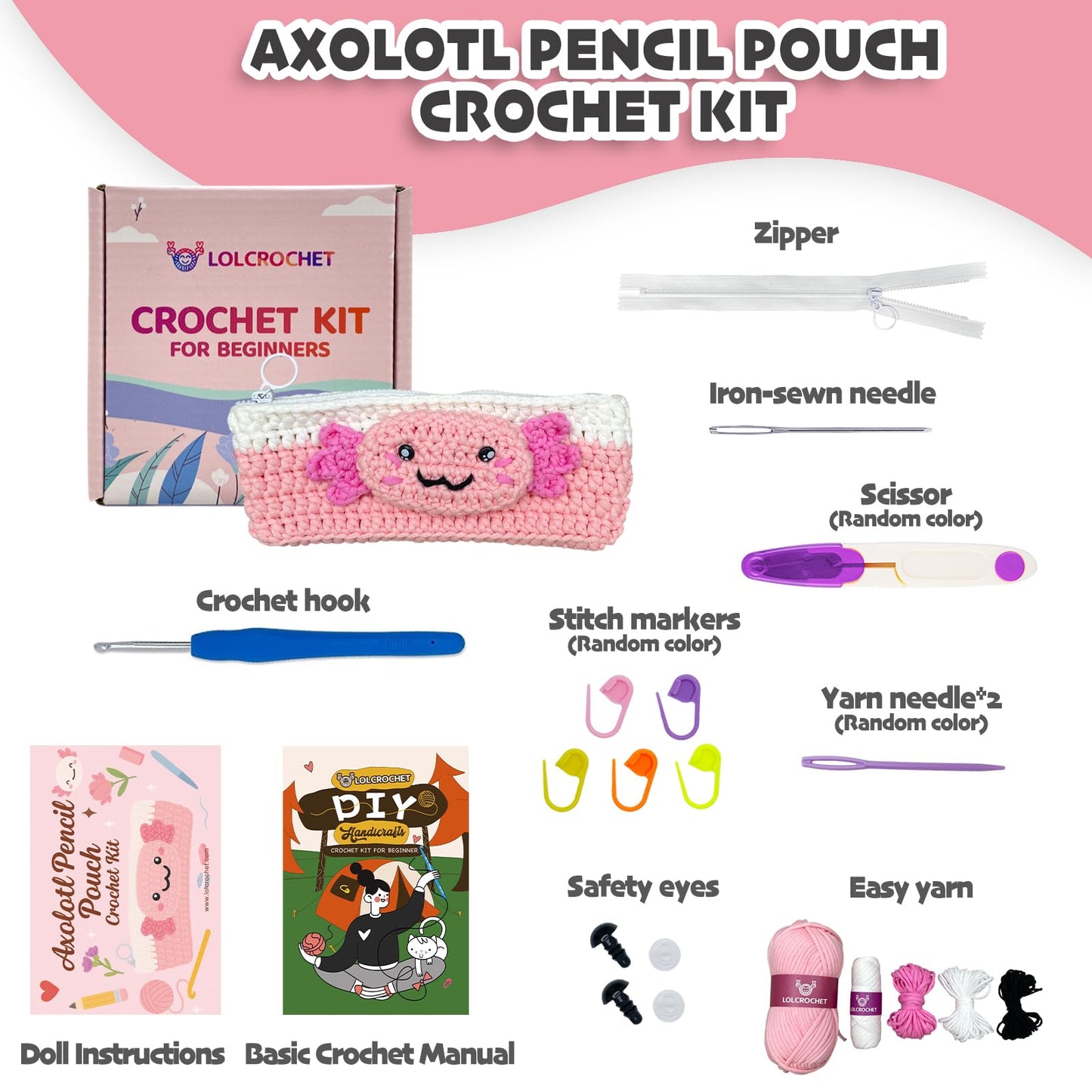 Axolotl Crochet Kit for Beginners, Learn to Crochet Pencil Bag Starter Set with Video Tutorial & Crocheting Manual, Easy Yarn Knitting Kit for Adult, DIY Amigurumi Birthday Xmas Gift Idea