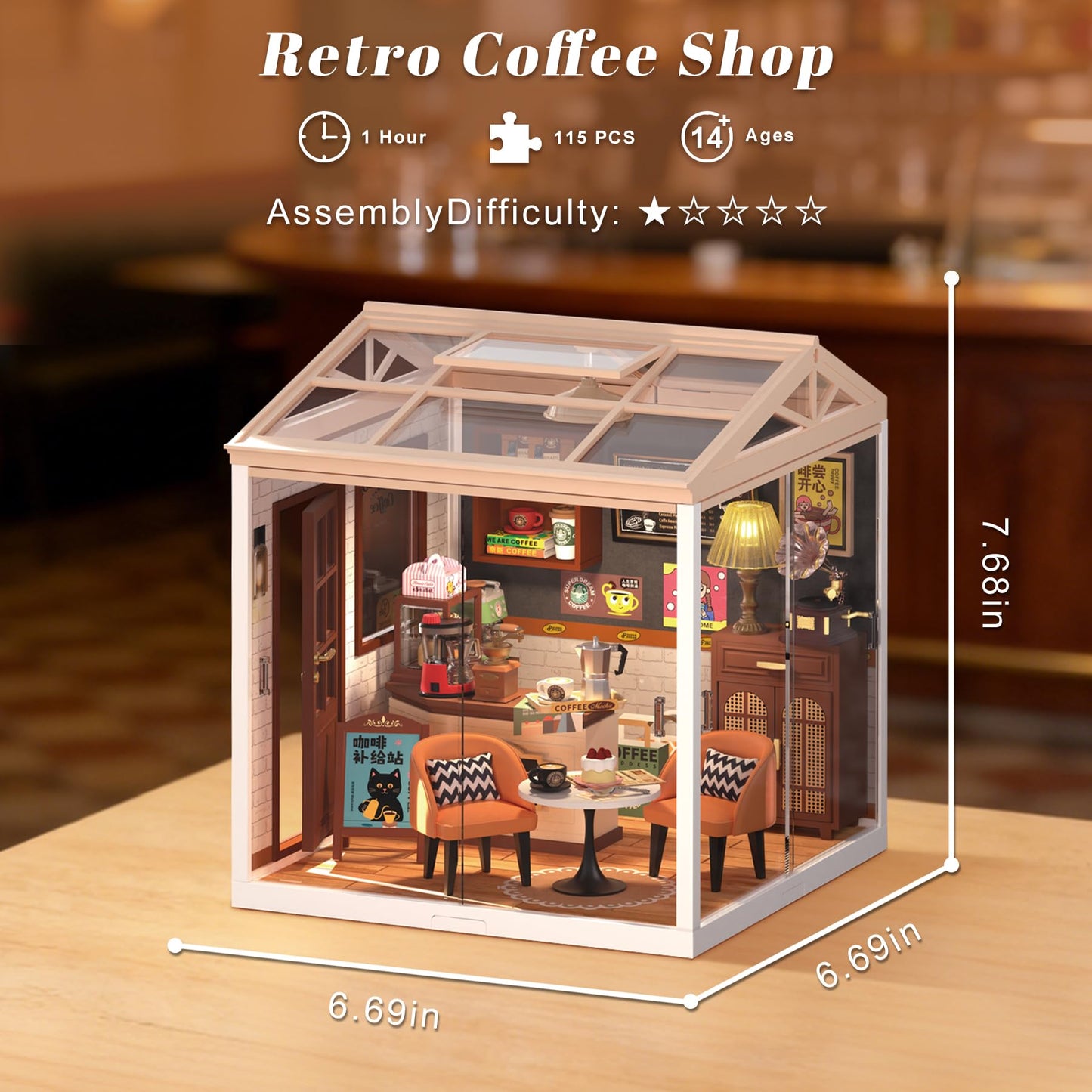 Loyratche DIY Retro Coffee Shop Miniature House Kit, 115 Pieces Mini Dollhouse with Furniture & LED Light with Roof & Dust Covers Tiny House Toy for Adults