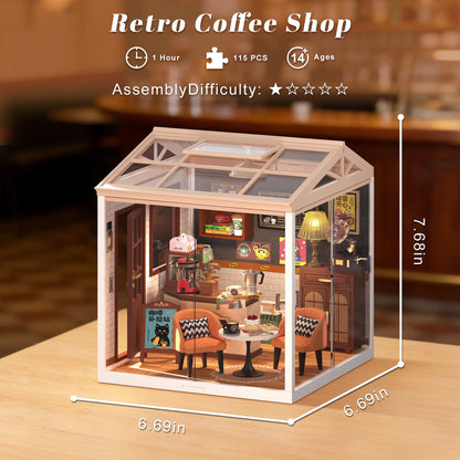 Loyratche DIY Retro Coffee Shop Miniature House Kit, 115 Pieces Mini Dollhouse with Furniture & LED Light with Roof & Dust Covers Tiny House Toy for Adults