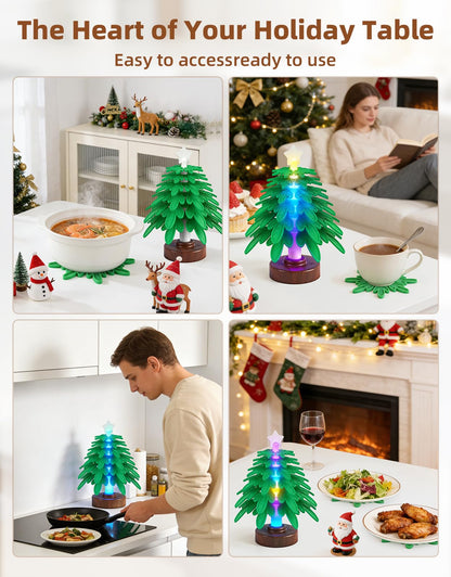 Silicone trivet tree Placemats, Tree Trivet Set-6pcs Trivets for HotDishes with Stand, Wooden-Style Tree Trivet Look, Non-Slip Washable Trivet, Trivets with RGB Light, Tree Pot Holder for Various dish