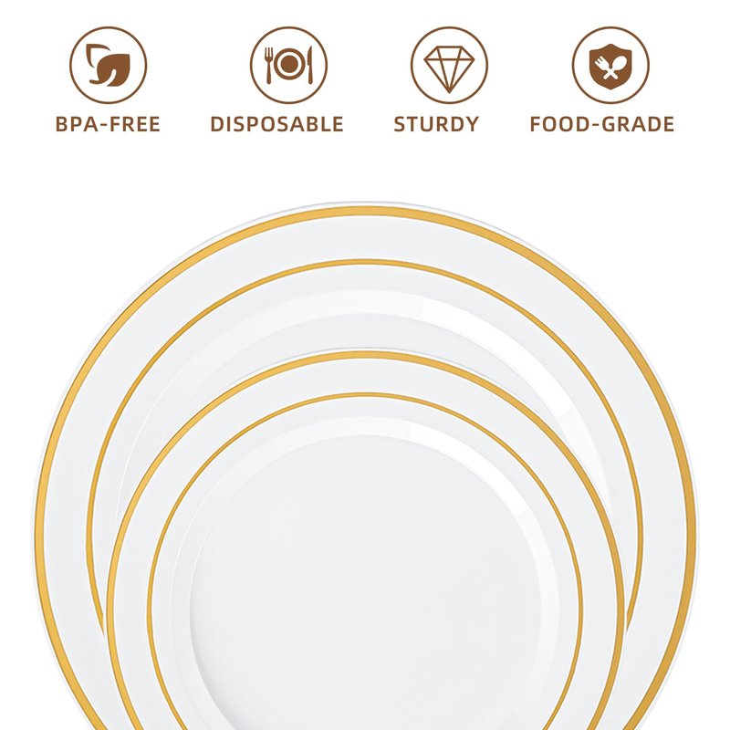 QualQuot 200PCS White Plastic Plates with Gold Rim, Disposable Heavy Duty Plastic Plate, 100 Dinner and 100 Dessert Plates for Party and Wedding
