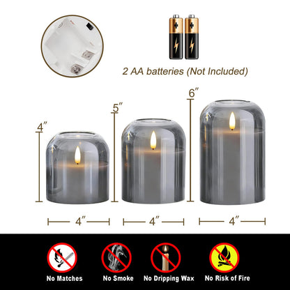 Homemory Glass Flameless Candles, Battery Operated Plliar Candles Realistic Flickering, LED Electric Light with Remote and Timer for Home, Christmas Decoration, Gray, Set of 3