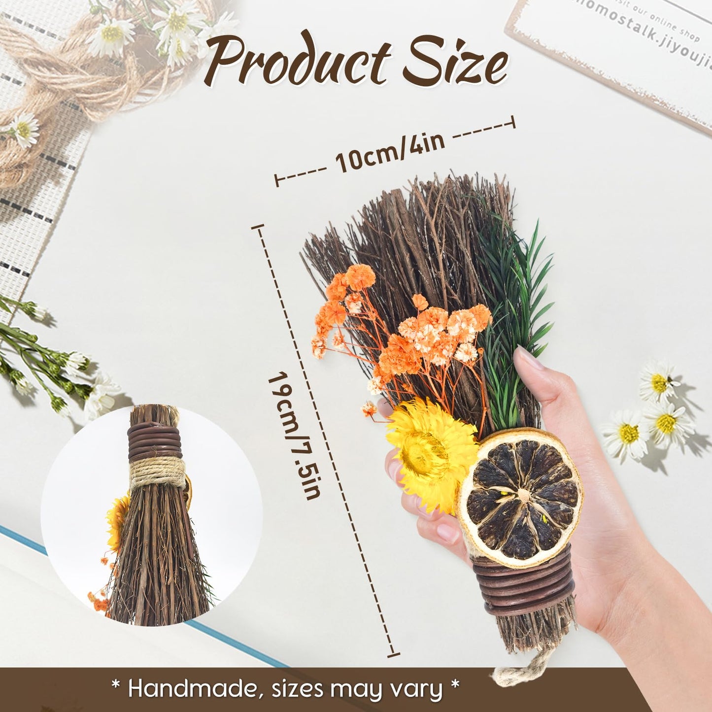 Teeloray Cinnamon Broom 7.5 Inch Mini Spring Floral Cinnamon Broomstick Scented Natural Herbal Protection Handmade Witch Broom for Altar Spring Flower Home Wall Porch Decoration