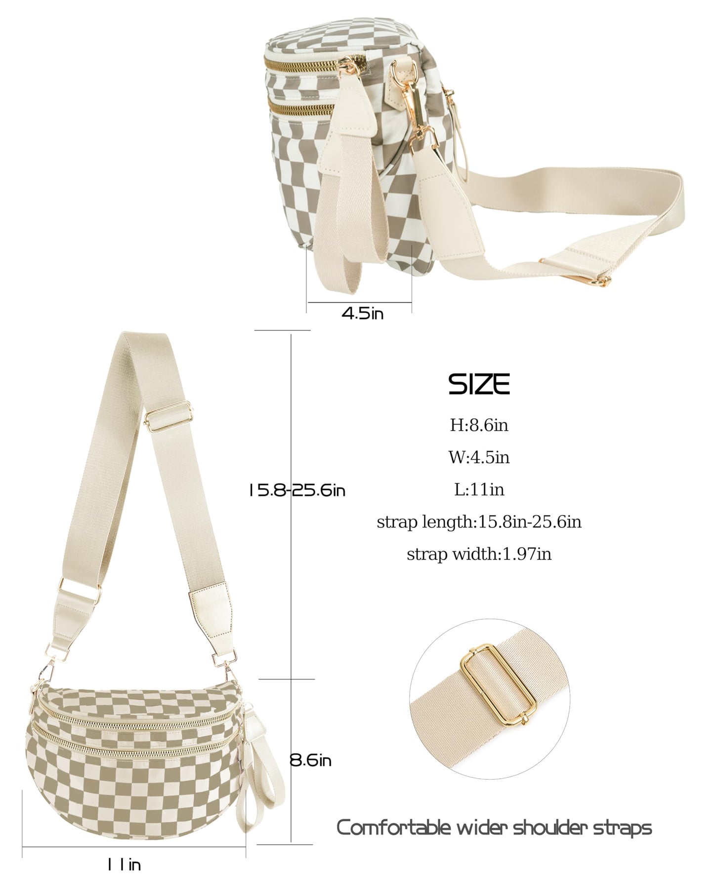 Spacious Checkered Nylon Crossbody Bag Bum Bag Checkered Handbags Wallets for Women