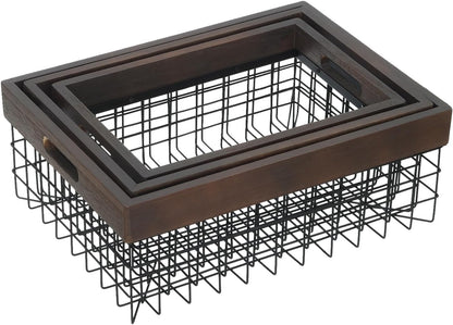 Set of 3 Metal Wire Baskets, Organizing Wood Top with Handles, Storage Organizer for Kitchen Cabinets, Pantry, Laundry