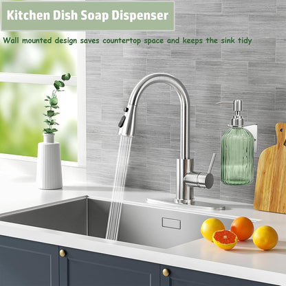 Green Shampoo and Conditioner Dispenser for Wall Mount, 14oz Clear Glass Shower Soap Bottle for Bathroom, Modern 1 Chamber No Drill, Easy Refill Hand Body Wash Dispensers with Stainless Steel Pump