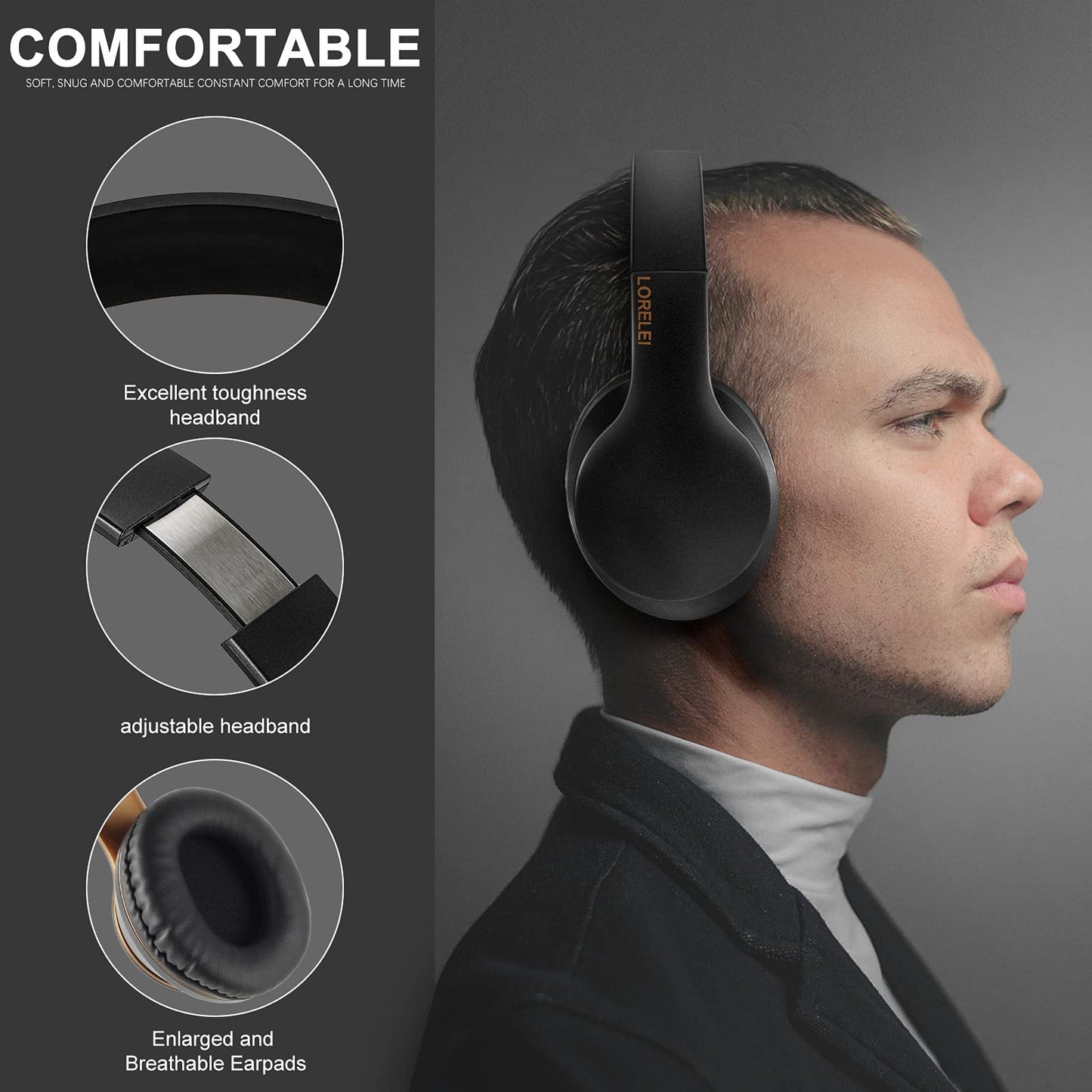 LORELEI X6 Over-Ear Headphones With Microphone, Lightweight Foldable & Portable Stereo Bass With 1.45M No-Tangle Wired for Smartphone Tablet MP3/4 (Black-Gold)