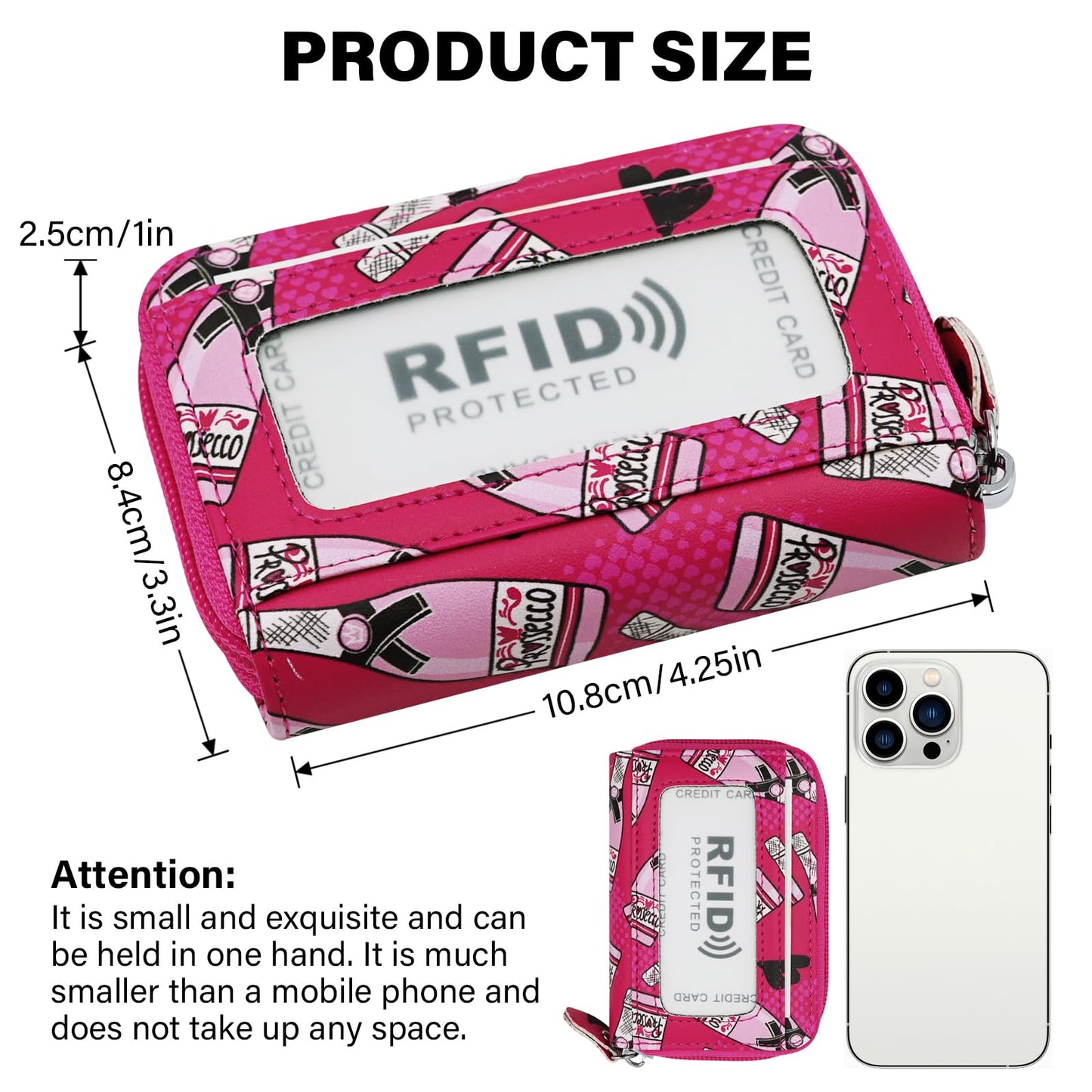 ZHOMA RFID Blocking Genuine Leather Credit Card Case Holder Security Travel Wallet With Removable Keychain ID Window for Men Women -Pink Bottles