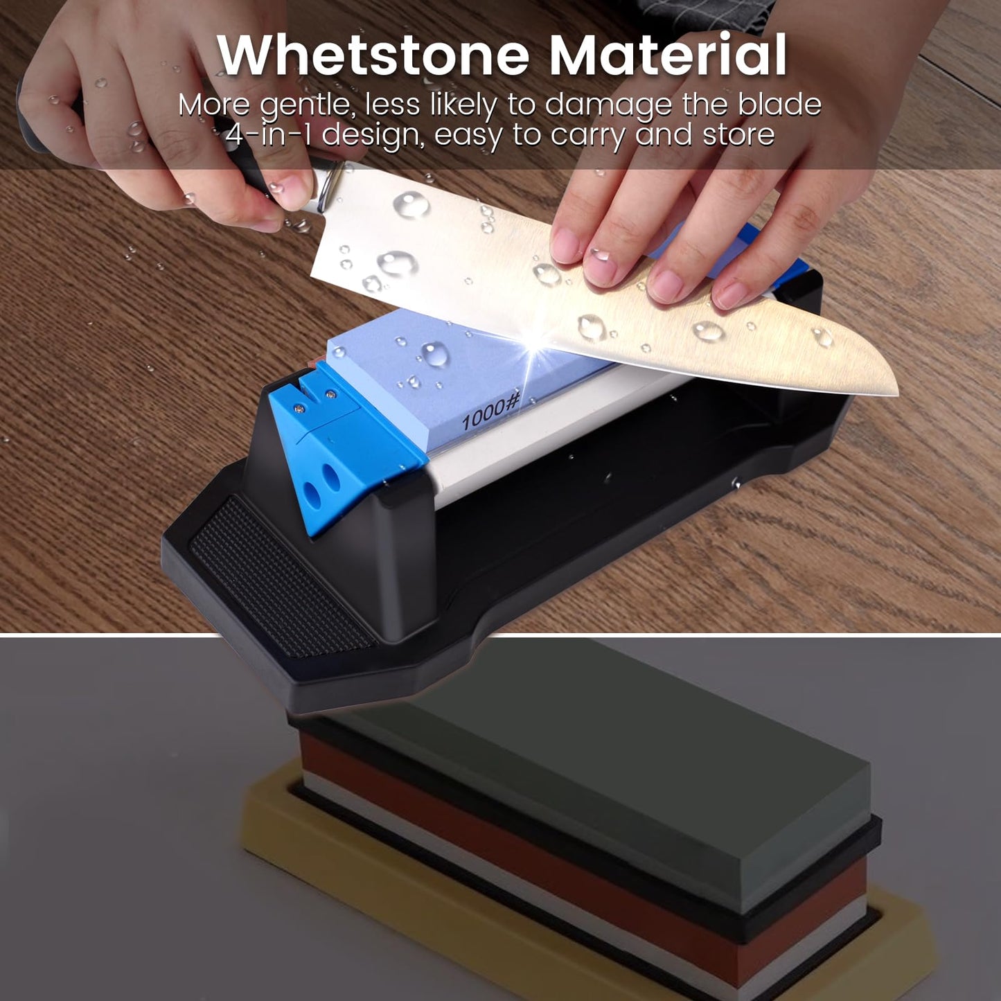 Whetstone Sharpening Stone Kit, Premium 3 Side Grit 400/1000/5000 Knife Sharpener for Sharp Blade, with Non-Slip Base, Angle Guide & Leather Strop