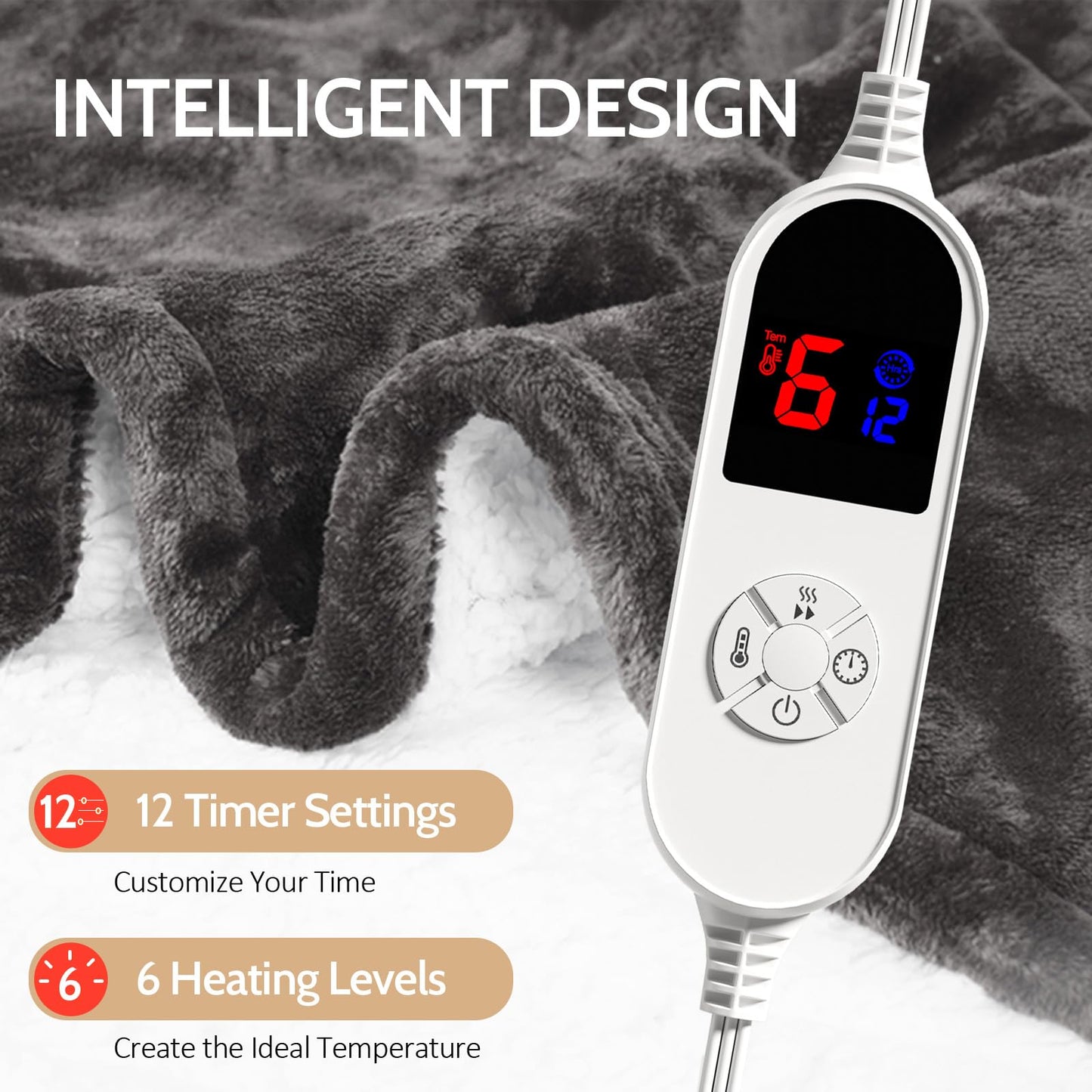 HOW'S MY HOUSE Heated Blanket Throw 50" x 60", Electric Blanket with 12 Time Settings & 6 Heating Levels, Over-Heat Protection, Flannel Sherpa Super Cozy with ETL Certification, Gray
