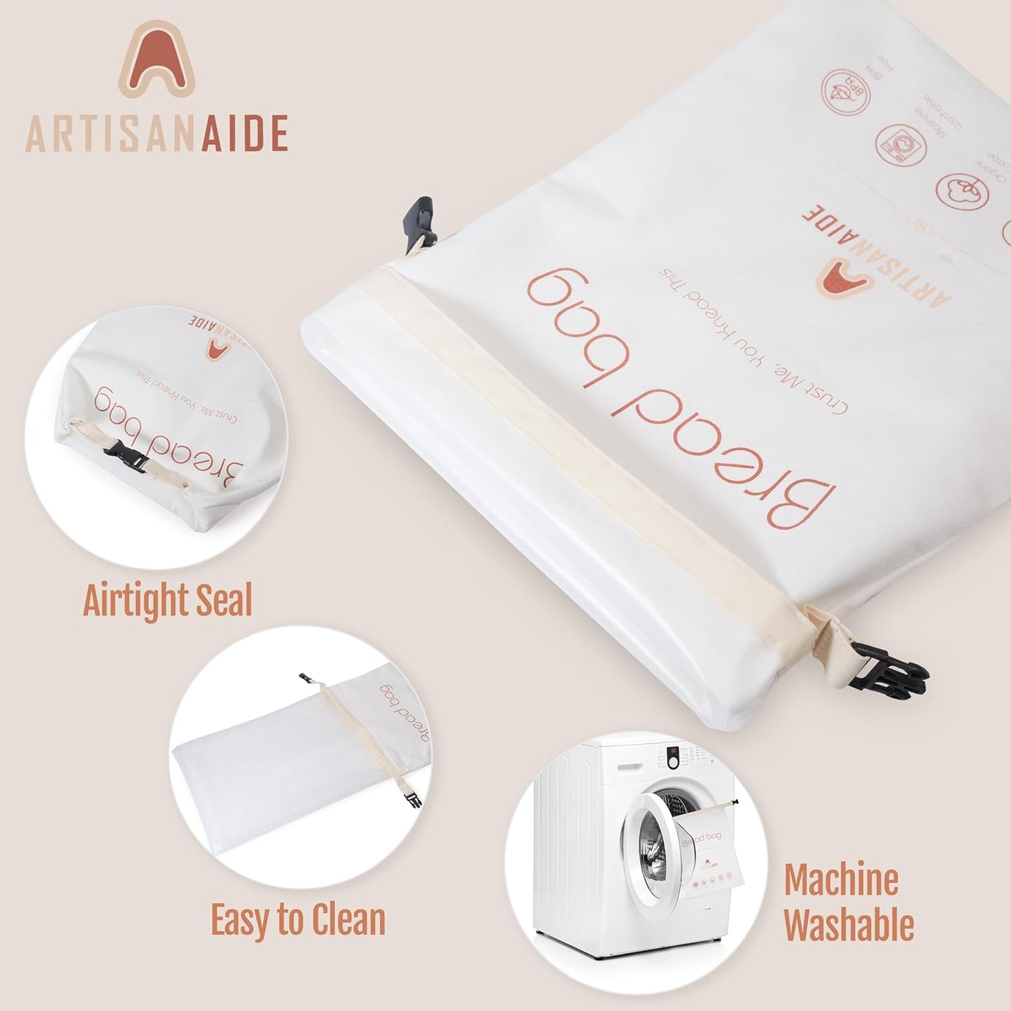 12x17 Reusable Bread Bag for Homemade Sourdough - in Organic Cotton + Food-Safe Lining Roll-Top Buckle Closure, Freezer