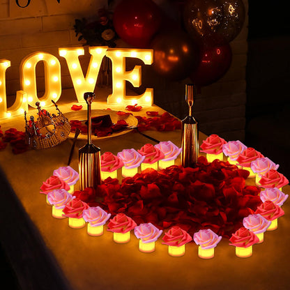 YBB 24 Pack Artificial Rose Tea Light, Valentine's Day Rose Petals Flameless LED Candle Lights for Romantic Night Anniversary Wedding Party Decor
